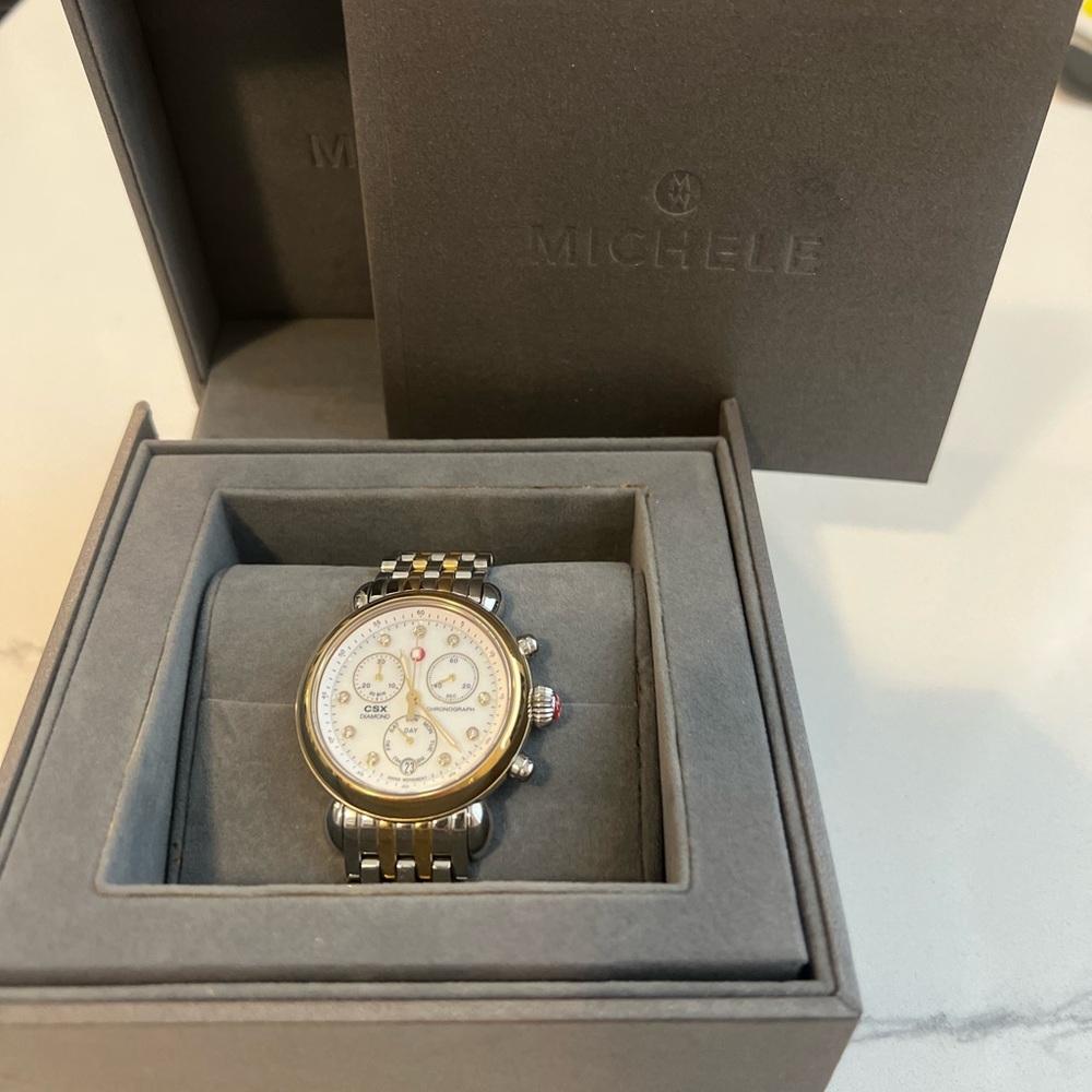 Michele CSX Watch Diamond Mother Pearl Chronograph MW03M00C9046 SS 36mm 2 tone